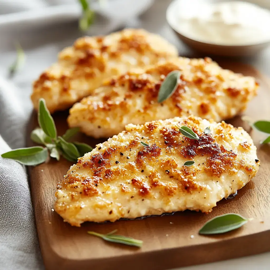 Three golden-brown breaded chicken fillets are arranged on a wooden cutting board, garnished with fresh herbs, beside a small bowl of sauce.