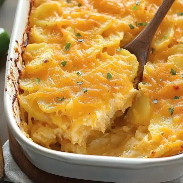 A creamy potato casserole topped with melted cheddar cheese, with a wooden spoon resting on the edge.