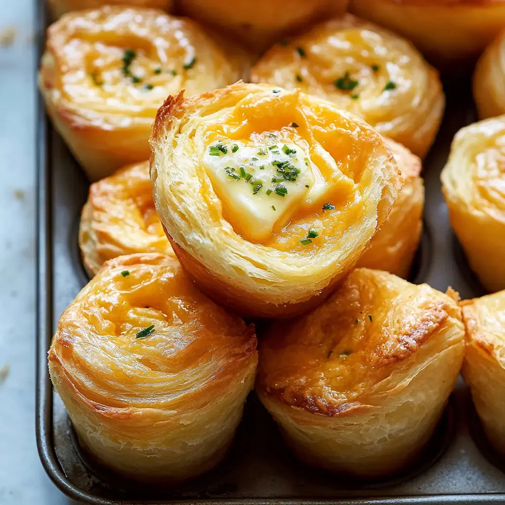 A close-up of golden, flaky pastry cups filled with melted butter and topped with chopped herbs.