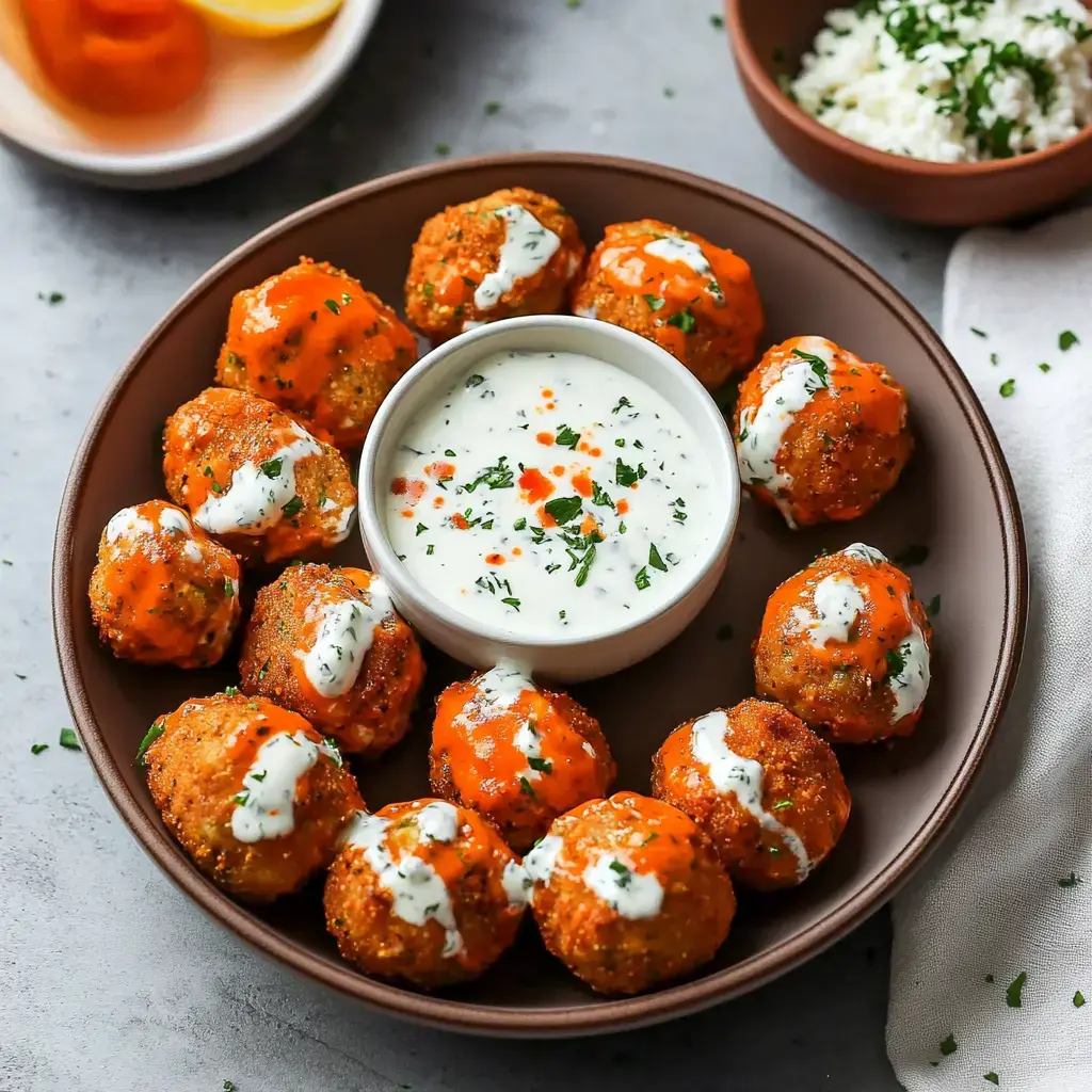 A round plate filled with crispy, golden-brown balls drizzled with orange sauce and white dressing, accompanied by a small bowl of creamy dip sprinkled with herbs.