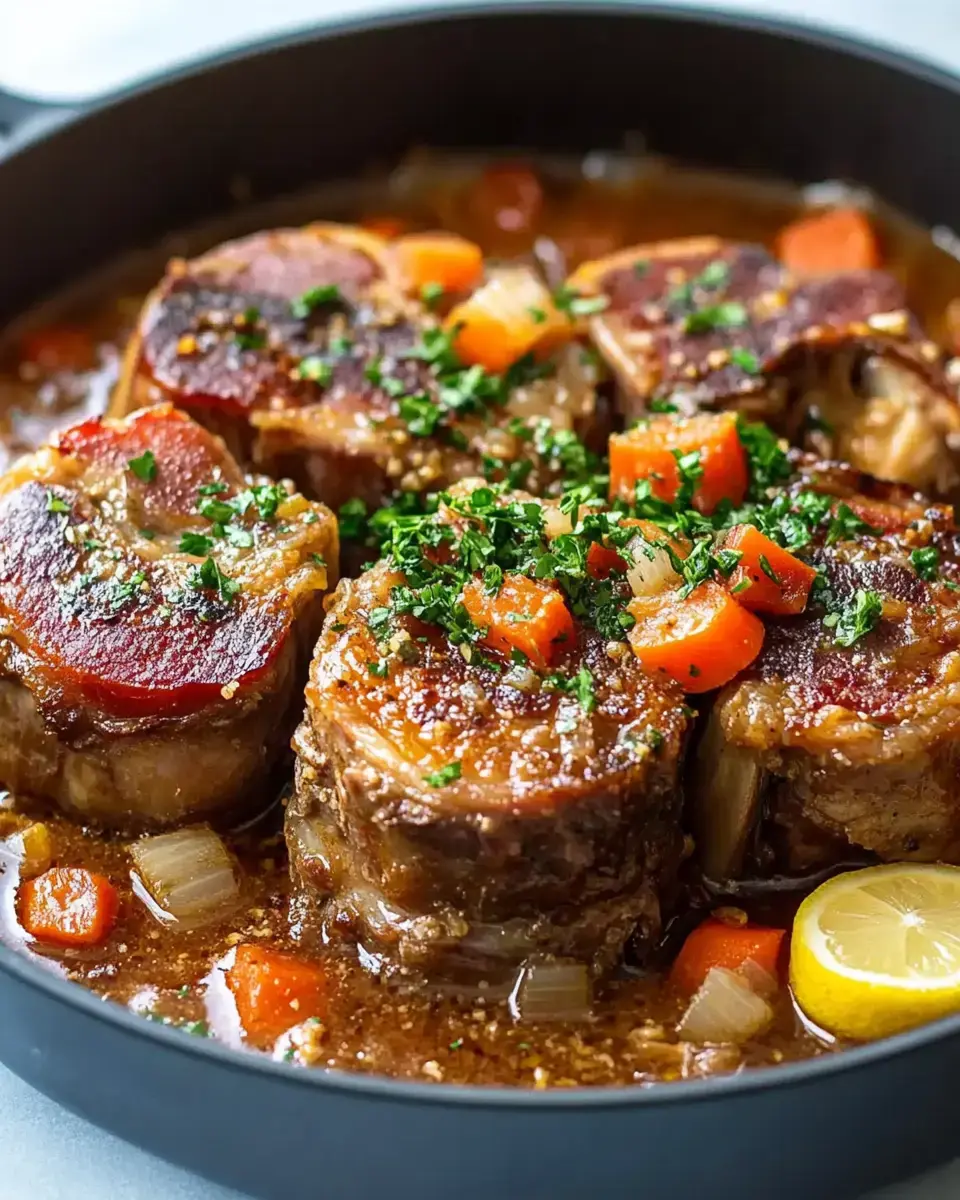 A close-up view of tender meatloaf slices in a savory sauce, garnished with herbs and surrounded by chopped carrots and onions in a black skillet.