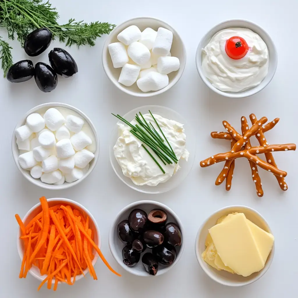 A flat lay of various food items in bowls, including marshmallows, olives, cream cheese with chives, shredded carrots, pretzels, and a dollop of sour cream topped with a cherry tomato.