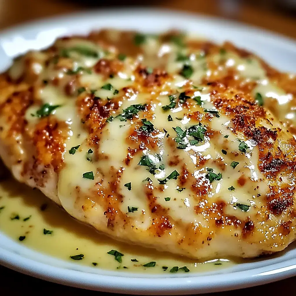 A close-up image of grilled chicken topped with a creamy sauce and garnished with chopped parsley on a white plate.