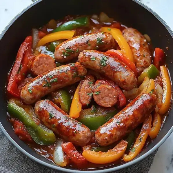 A skillet filled with cooked sausages and colorful bell peppers in a savory sauce.