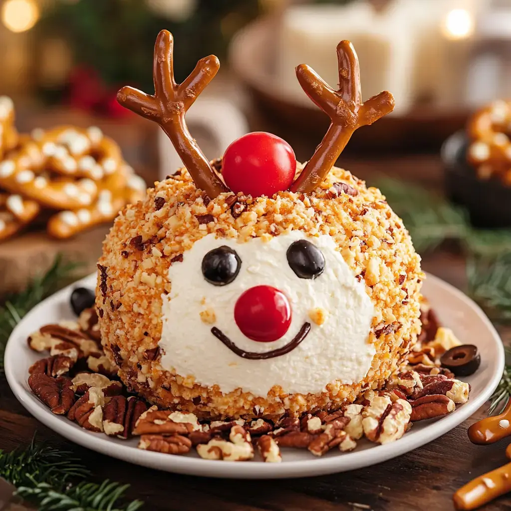 A festive cheese ball shaped like a reindeer, decorated with pretzel antlers, a red candy nose, and a smiling face, surrounded by pecans on a plate.