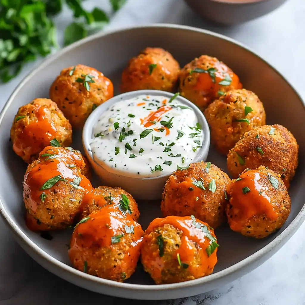 A plate of golden-brown fried balls drizzled with sauce and garnished with herbs, served alongside a small bowl of creamy dipping sauce.