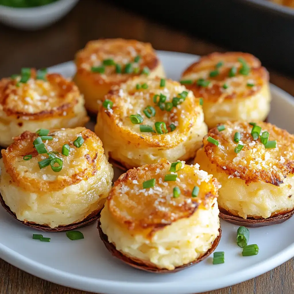 A plate of golden-brown potato cakes topped with green onions and cheese.