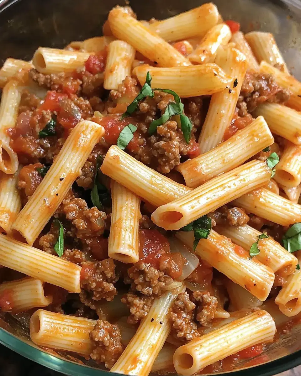 A close-up view of rigatoni pasta mixed with ground meat and diced tomatoes, garnished with fresh basil.