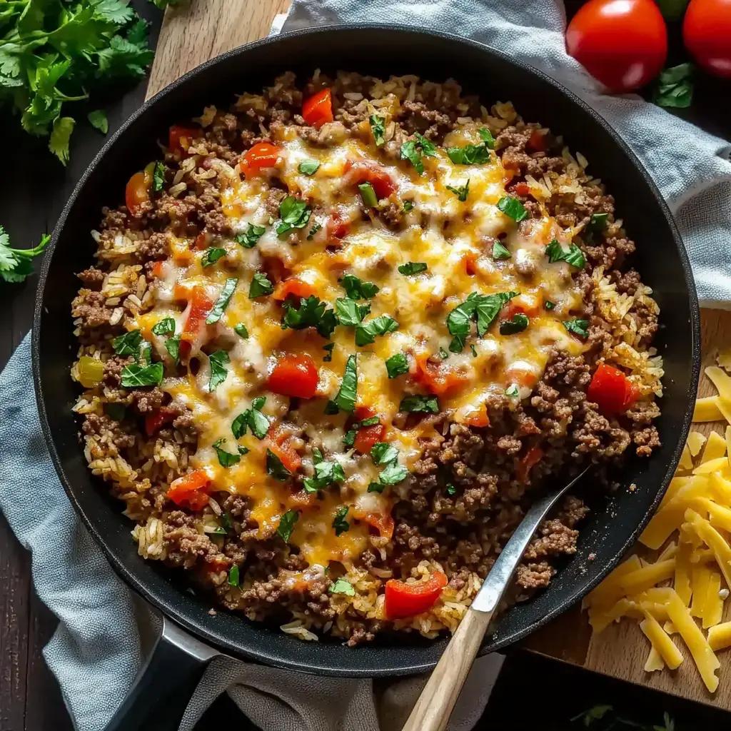 A skillet filled with a flavorful mixture of seasoned ground beef, rice, diced red peppers, and melted cheese, garnished with fresh parsley.