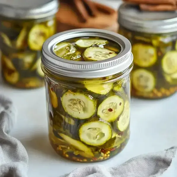 A glass jar filled with sliced pickles submerged in brine, with additional jars and a cloth in the background.