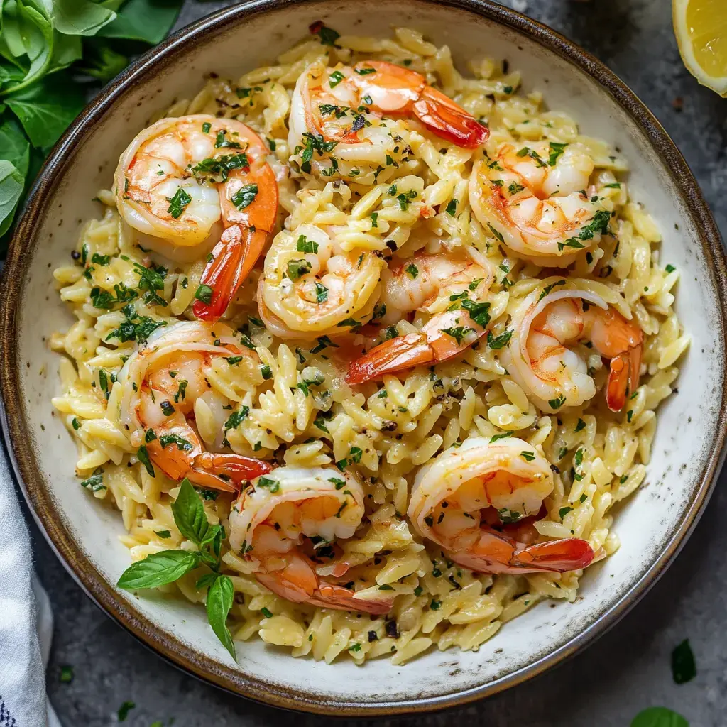 A bowl of creamy orzo pasta topped with sautéed shrimp and sprinkled with fresh herbs.