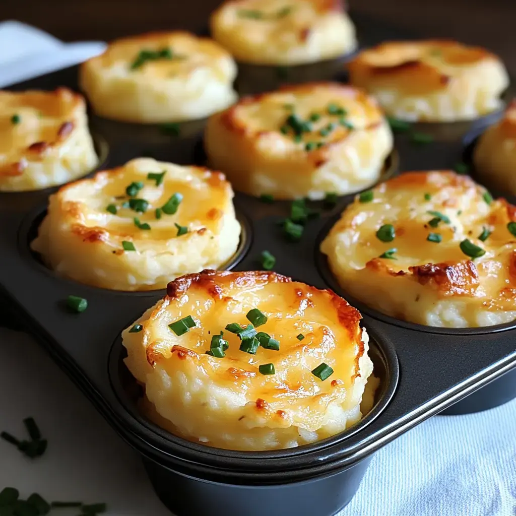 A close-up of golden-brown, spiraled potato gratins topped with chopped chives, baked in a muffin tin.