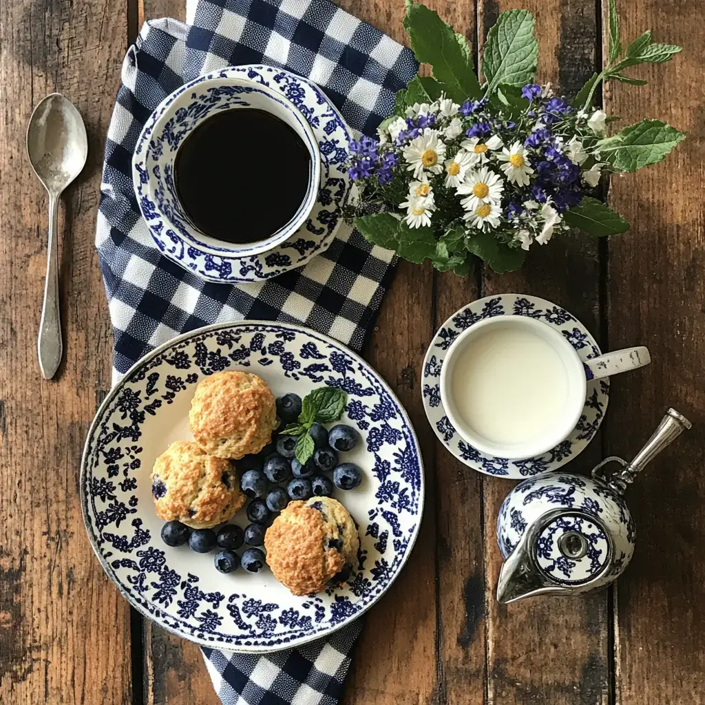 A cozy breakfast setting featuring a plate of blueberry scones, fresh blueberries, a cup of black coffee, a small jug of cream, and a vase of flowers on a checked napkin.