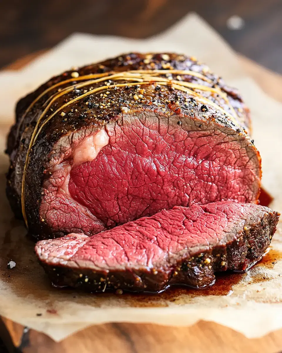 A perfectly cooked and sliced beef roast, seasoned and tied with kitchen twine, sits on parchment paper.