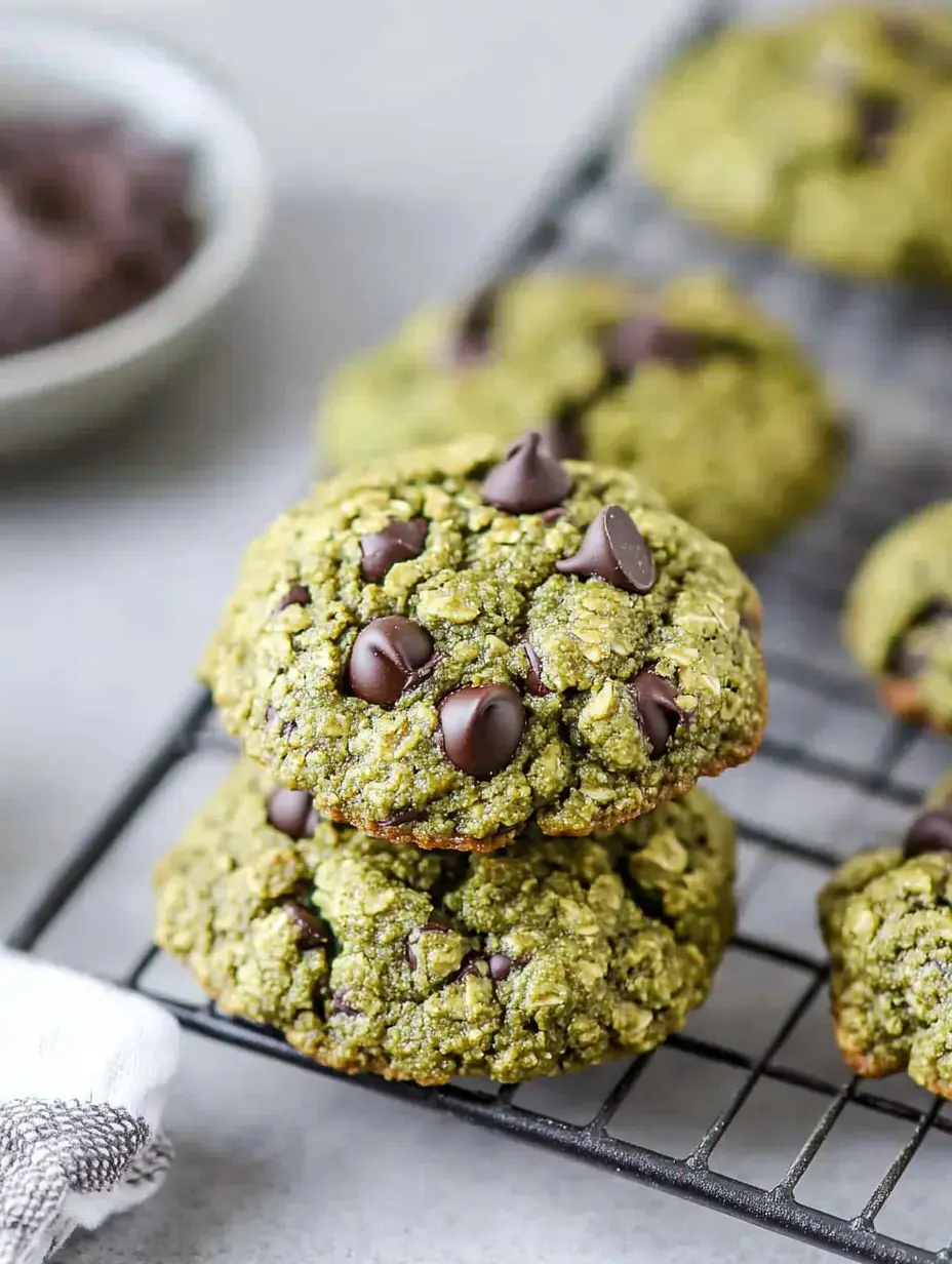 A stack of green cookies with chocolate chips is displayed on a cooling rack, with a bowl of chocolate chips in the background.