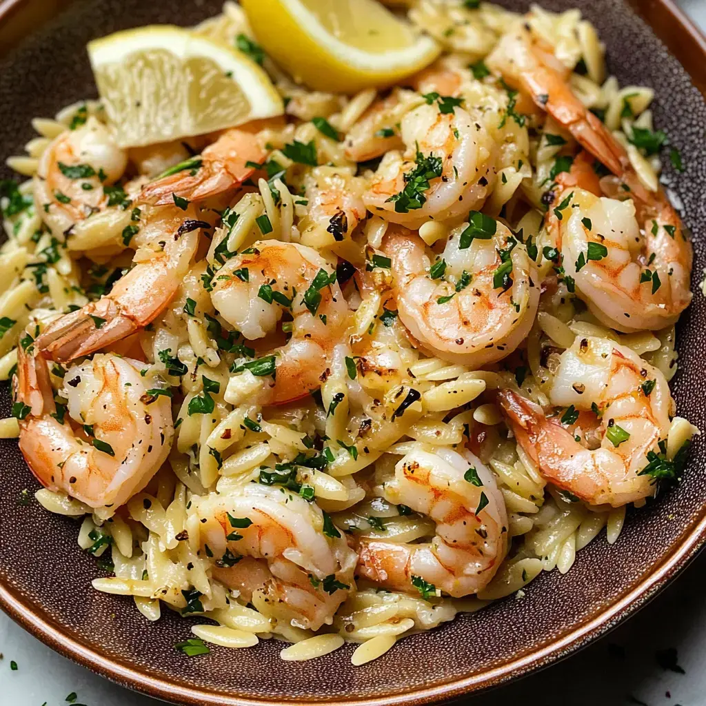 A close-up view of a bowl of shrimp and orzo pasta, garnished with parsley and lemon wedges.