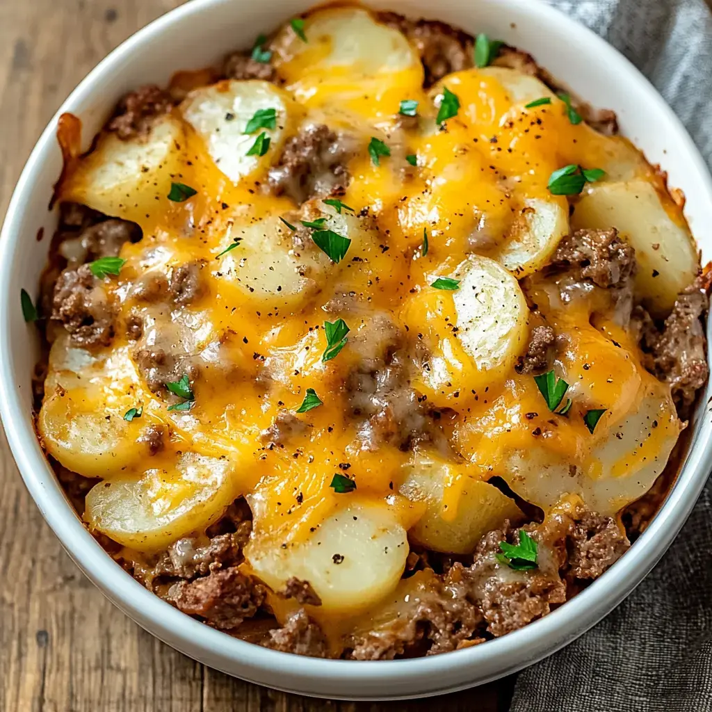 A bowl of layered ground beef, sliced potatoes, and melted cheddar cheese, garnished with parsley.