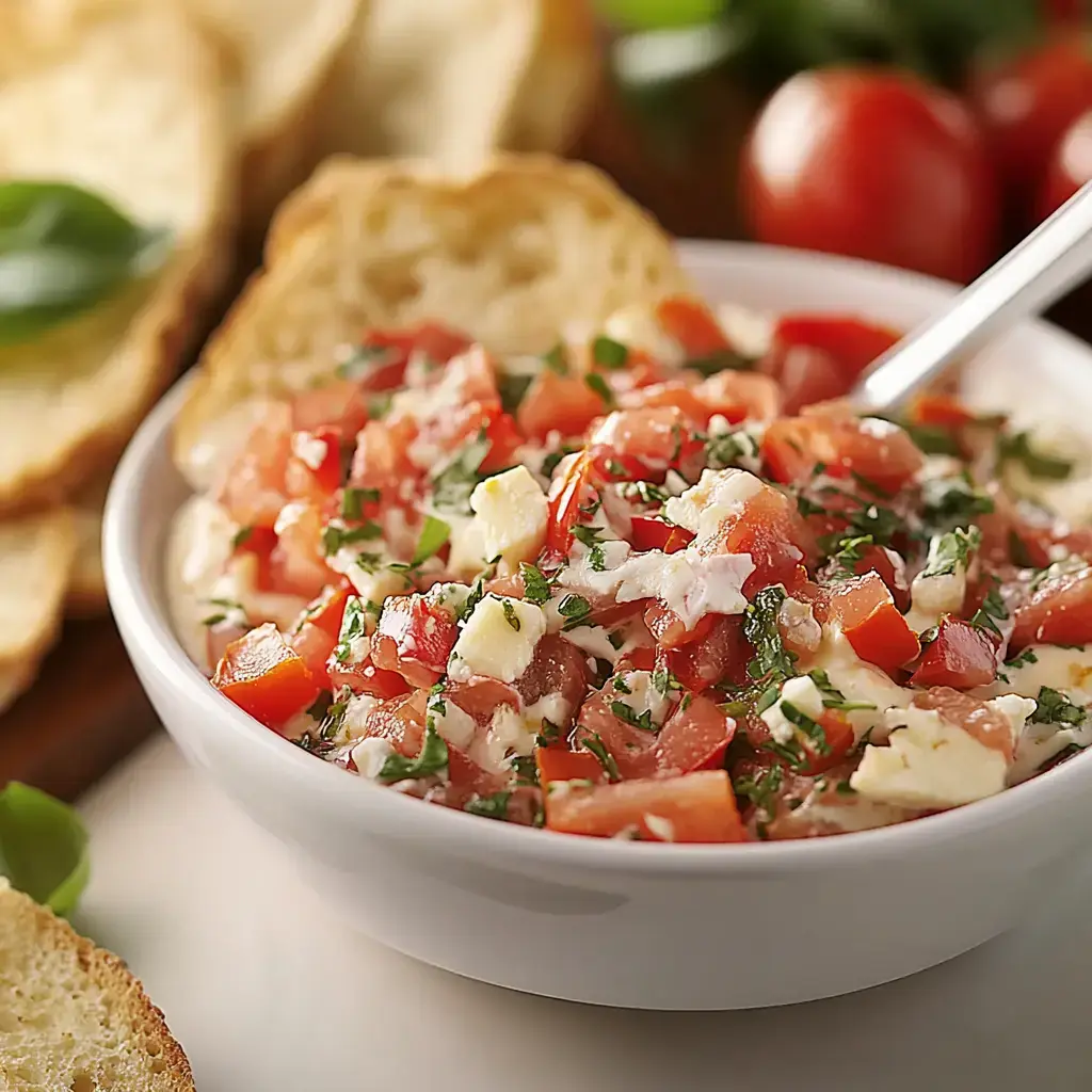 A bowl of fresh tomato and feta salad garnished with parsley, accompanied by slices of bread and cherry tomatoes in the background.