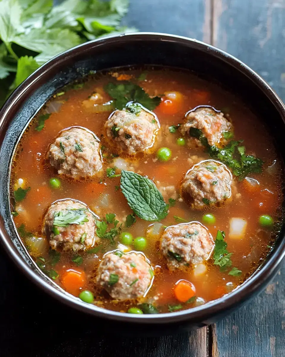 A bowl of soup featuring meatballs, peas, carrots, and herbs in a savory broth.