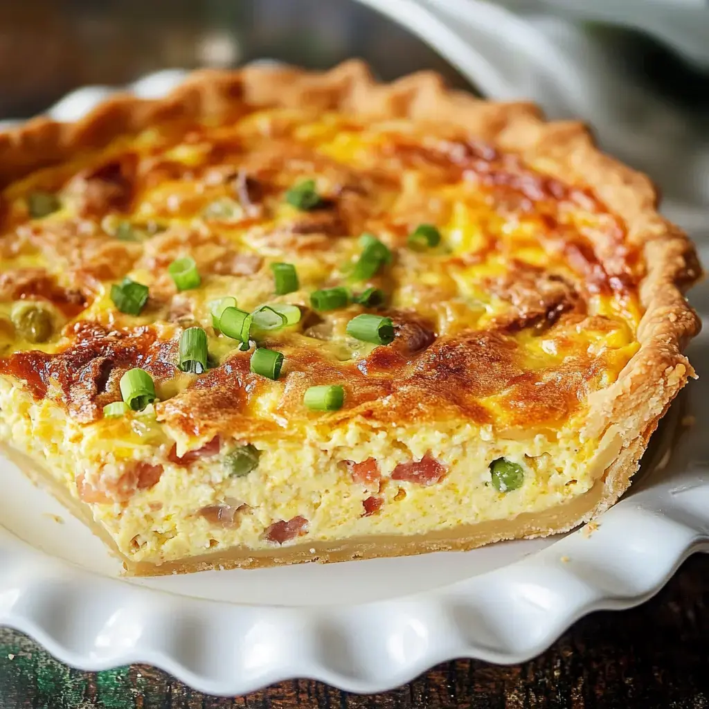 A close-up view of a slice of quiche with a golden crust, topped with green onions and featuring a creamy filling with visible pieces of meat and vegetables.