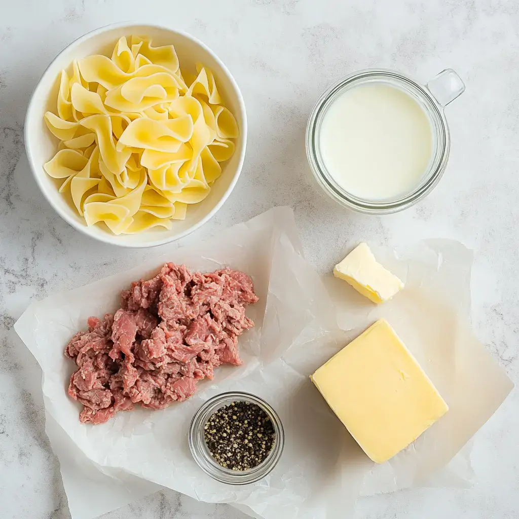 A flat lay arrangement of uncooked egg noodles, ground beef, butter, milk, and a small jar of black pepper on a light countertop.