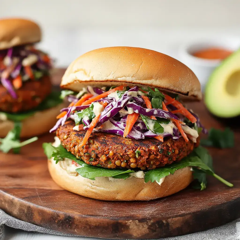 A close-up view of a vibrant veggie burger topped with colorful slaw, served on a toasted bun with fresh greens.