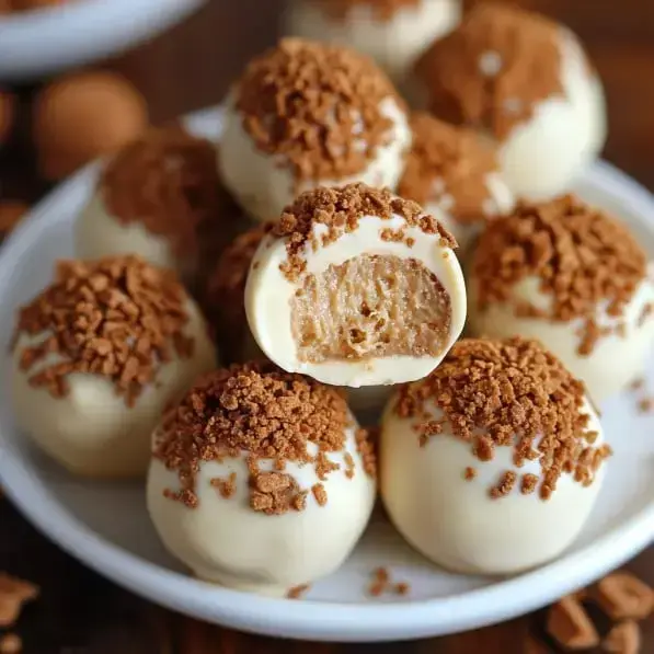 A close-up of white chocolate-coated dessert balls topped with crushed cookies, with one ball partially bitten to reveal a creamy filling inside.