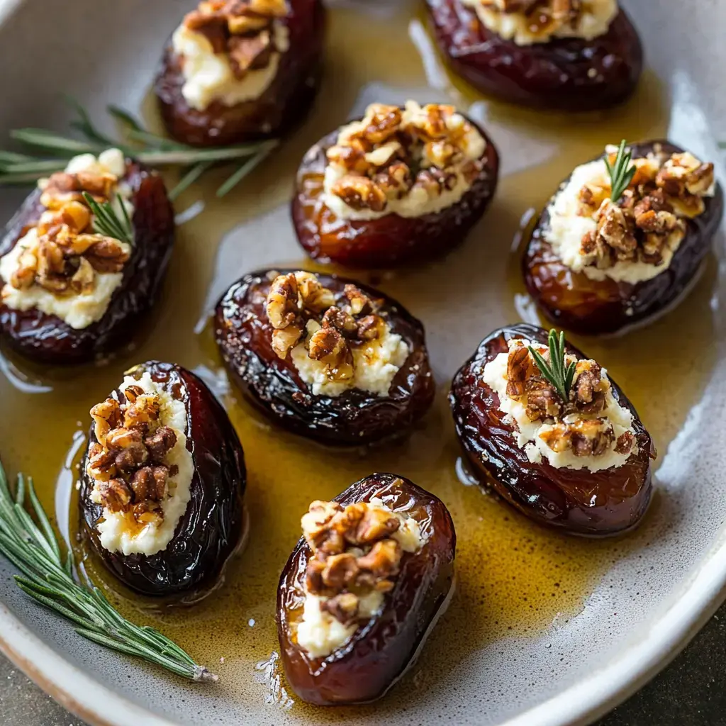 A plate of dates stuffed with creamy cheese and topped with crushed nuts, garnished with fresh rosemary and drizzled with honey.