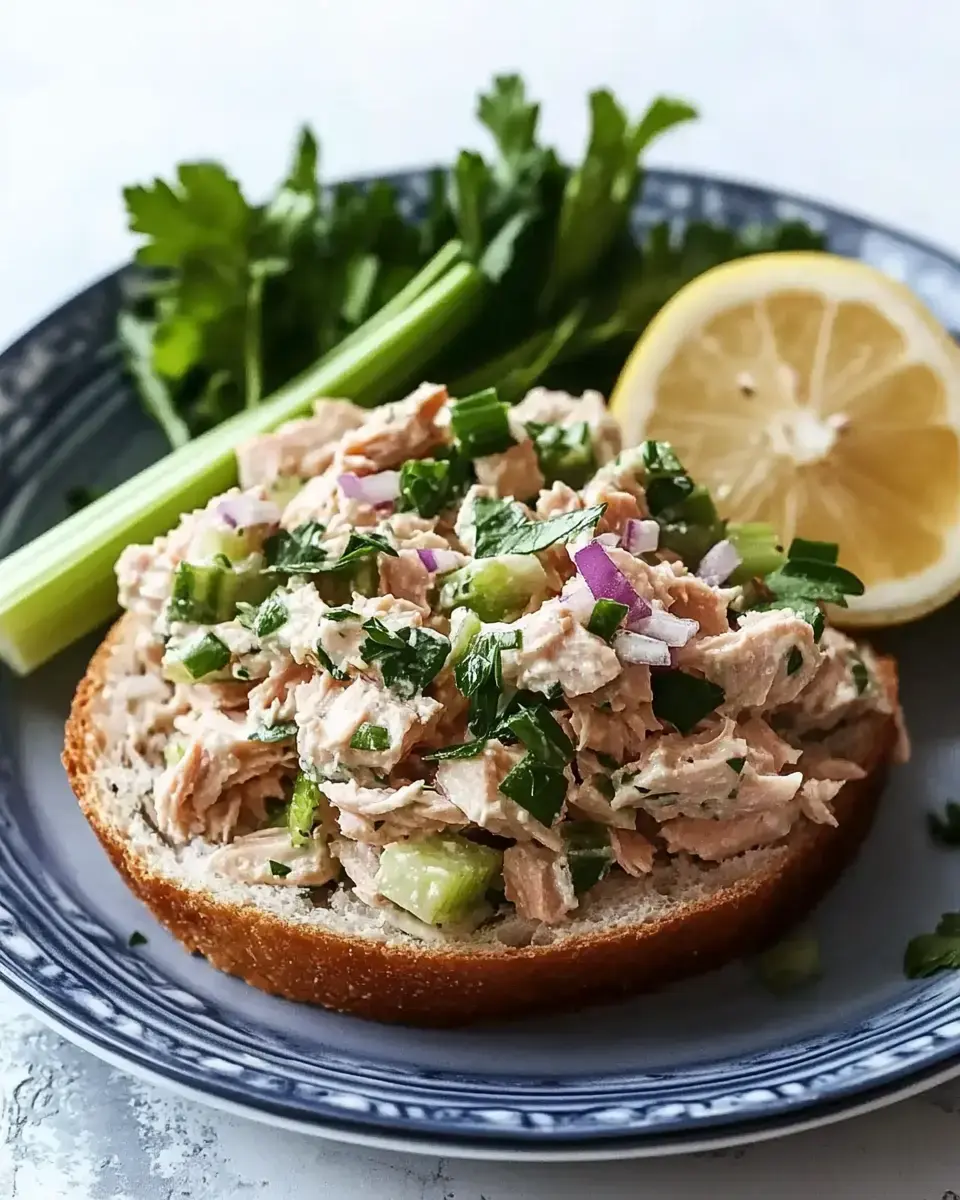 A slice of bread topped with a tuna salad mixture that includes celery, red onion, and fresh herbs, accompanied by a lemon wedge and a sprig of celery.