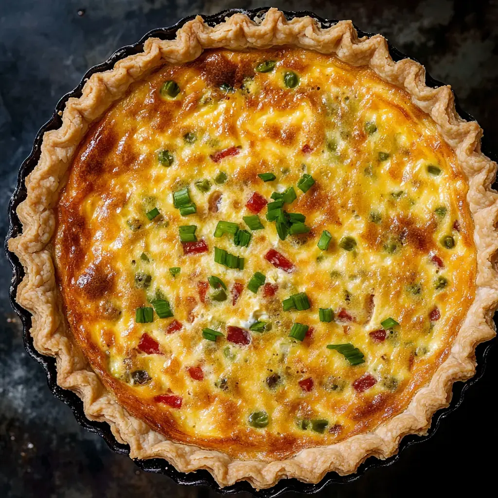 A freshly baked quiche with a golden crust, topped with green onions and various vegetables.