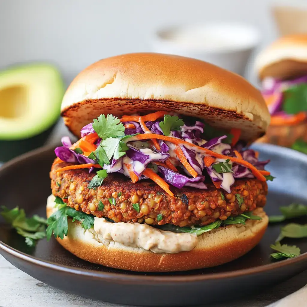 A close-up of a colorful vegetarian burger with a lentil patty, topped with purple and orange slaw, cilantro, and a creamy sauce, served on a toasted bun.