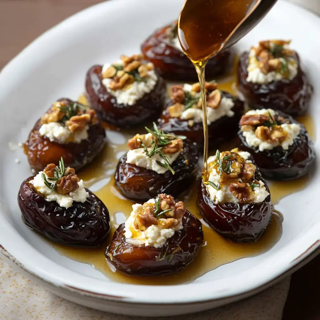 A plate of stuffed dates topped with cream cheese, walnuts, and a drizzle of honey.