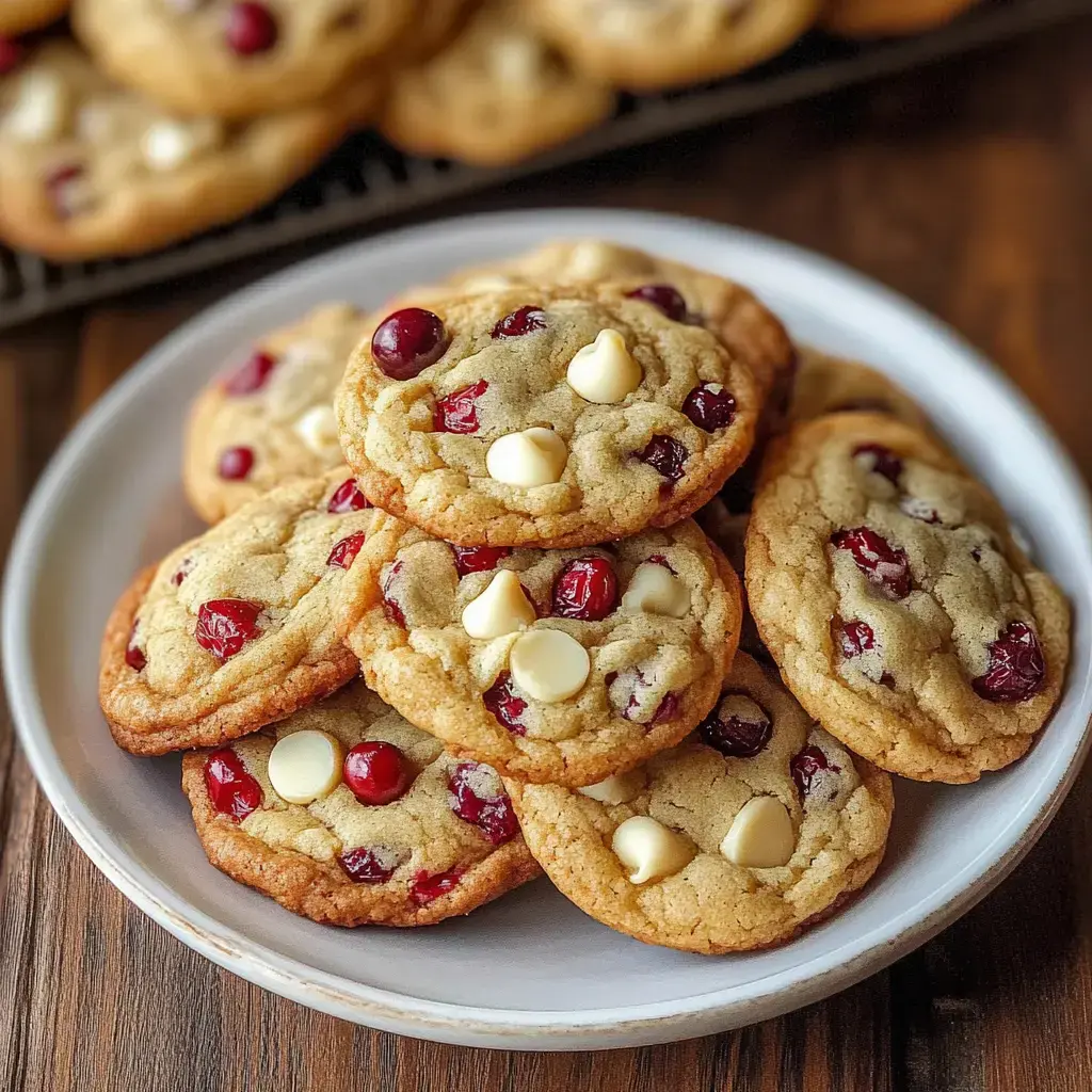 A plate of freshly baked cookies featuring white chocolate chips and cranberries.