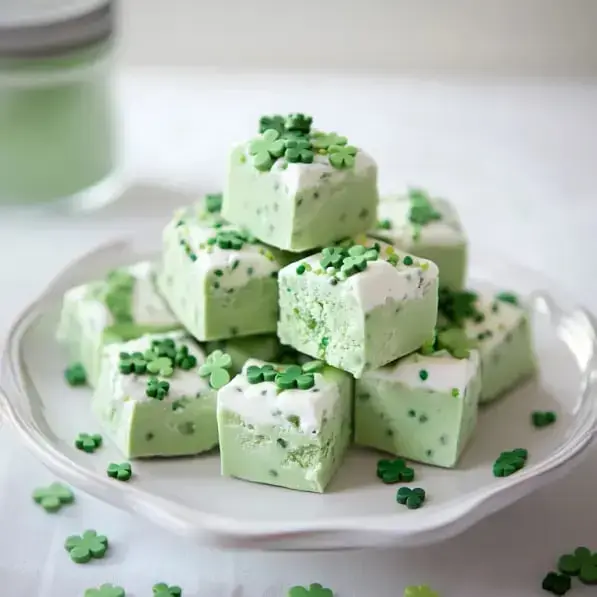 A plate of green fudge squares topped with white frosting and decorated with green sprinkles shaped like shamrocks.