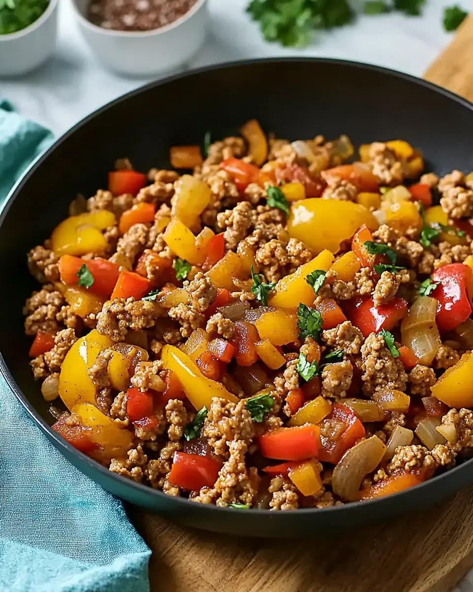 A black bowl filled with seasoned ground meat mixed with colorful bell peppers and chopped onions, garnished with fresh herbs.