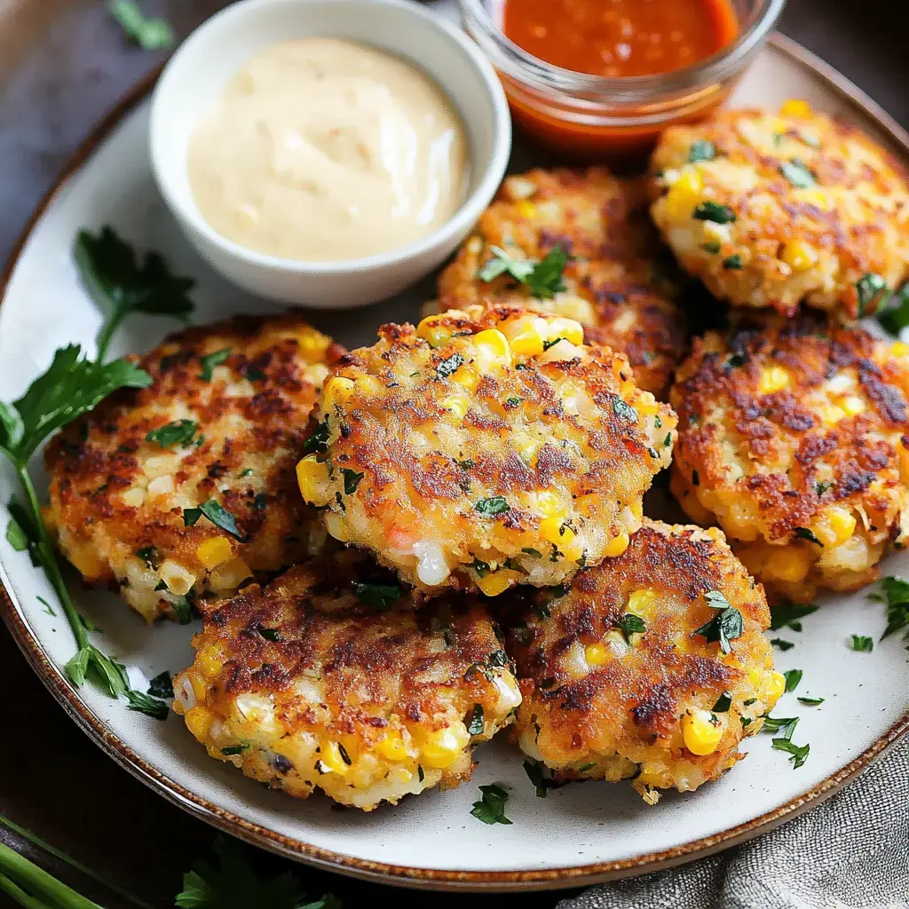 A plate of golden-brown corn fritters garnished with parsley, accompanied by a bowl of creamy sauce and a small jar of spicy sauce.