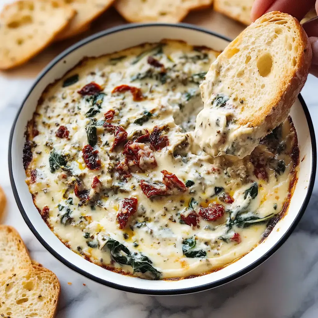 A person is dipping a slice of bread into a bowl of creamy spinach and sun-dried tomato dip, with additional bread slices arranged nearby.