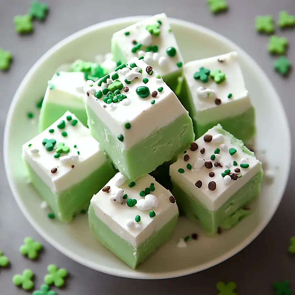 A plate of green and white layered fudge squares is decorated with green and brown sprinkles in a festive arrangement.