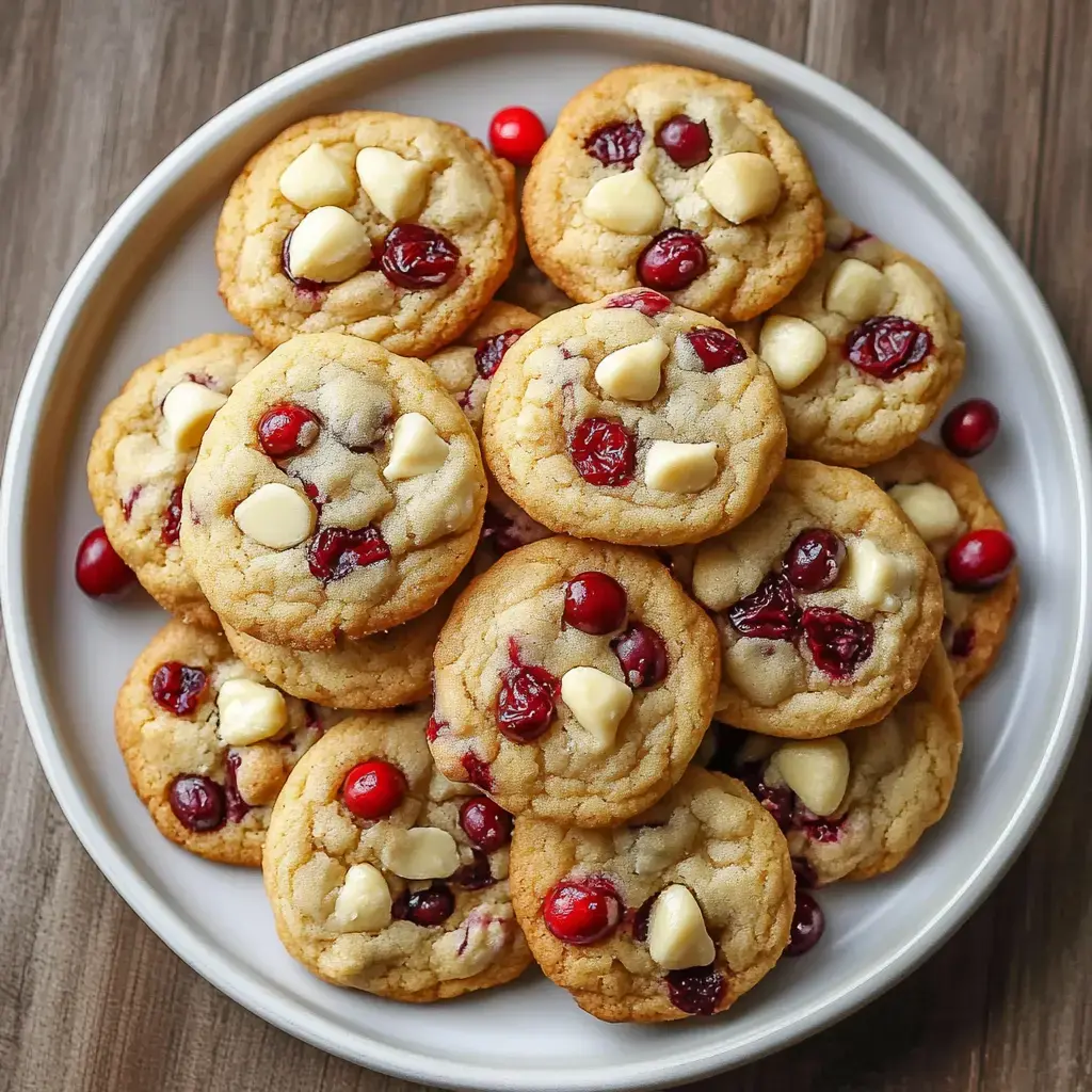 A white plate piled high with cookies featuring cranberries and white chocolate chips.