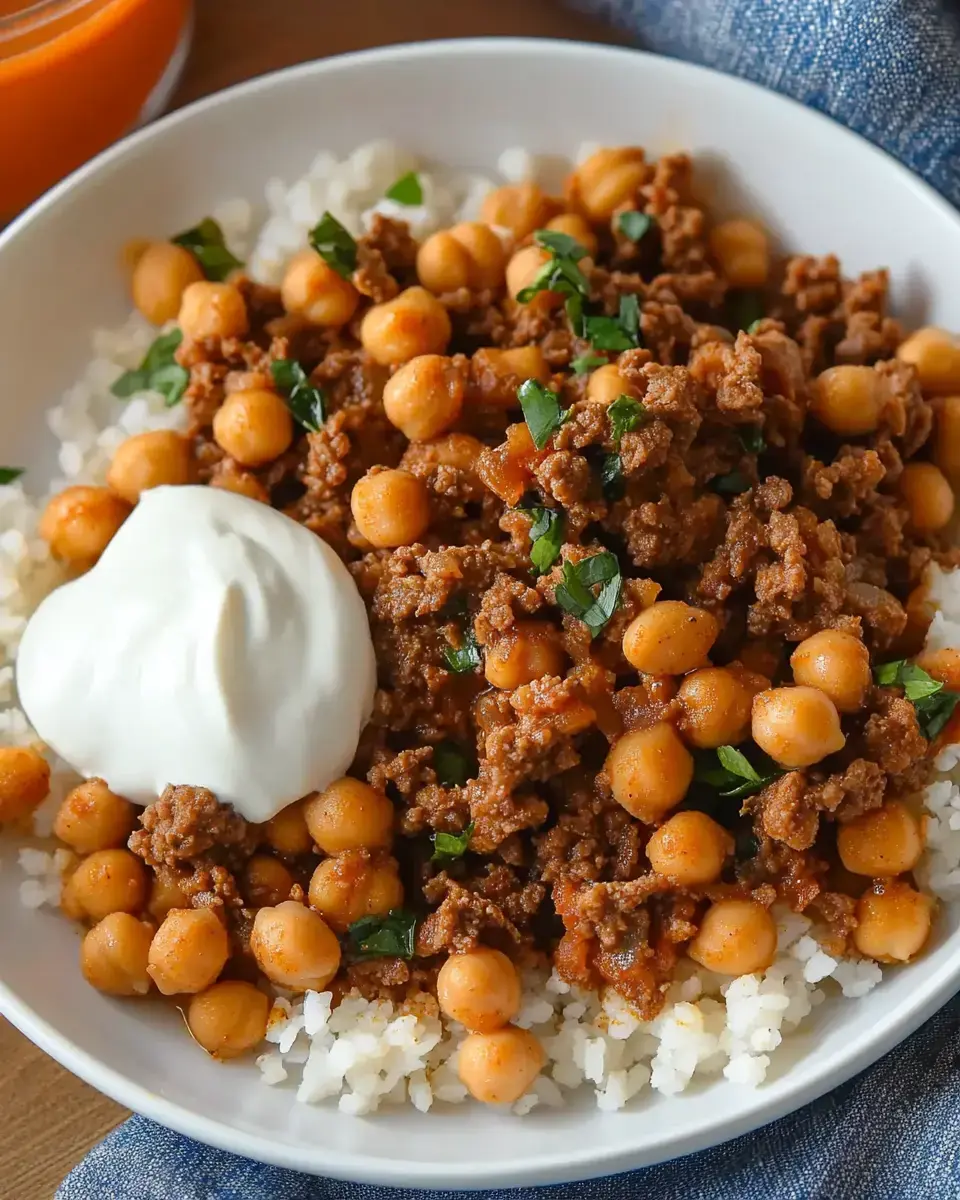 A bowl of rice topped with seasoned ground meat, chickpeas, fresh herbs, and a dollop of sour cream.