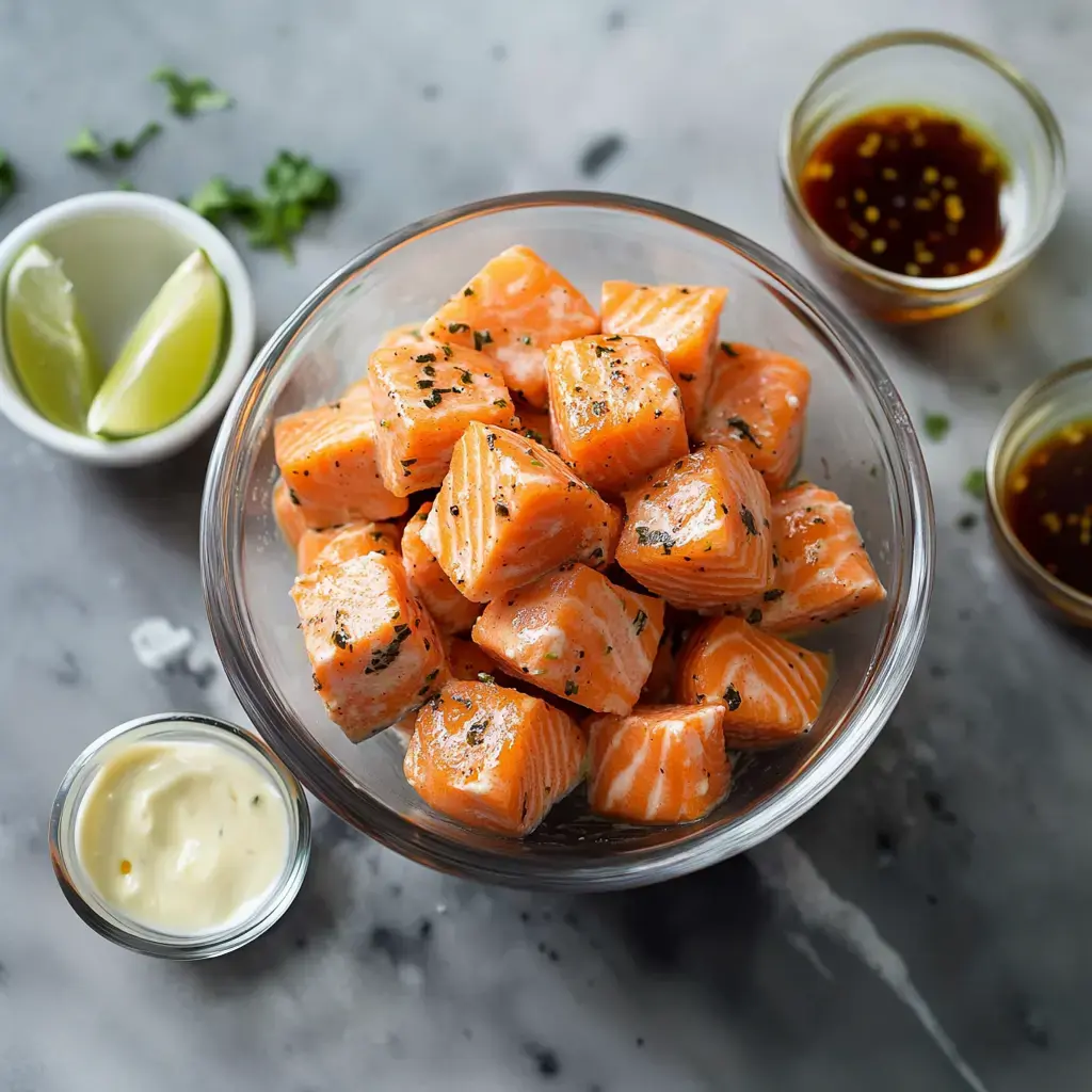 A bowl of seasoned cubed salmon is surrounded by small bowls containing lime wedges, mayonnaise, and sauces.