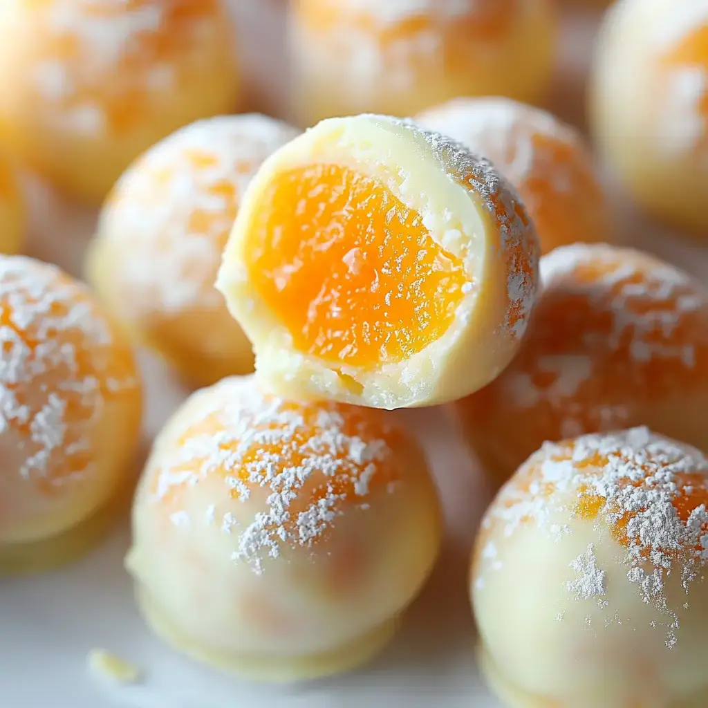 A close-up of orange-filled chocolate truffles dusted with powdered sugar, with one truffle cut in half to reveal its bright orange center.