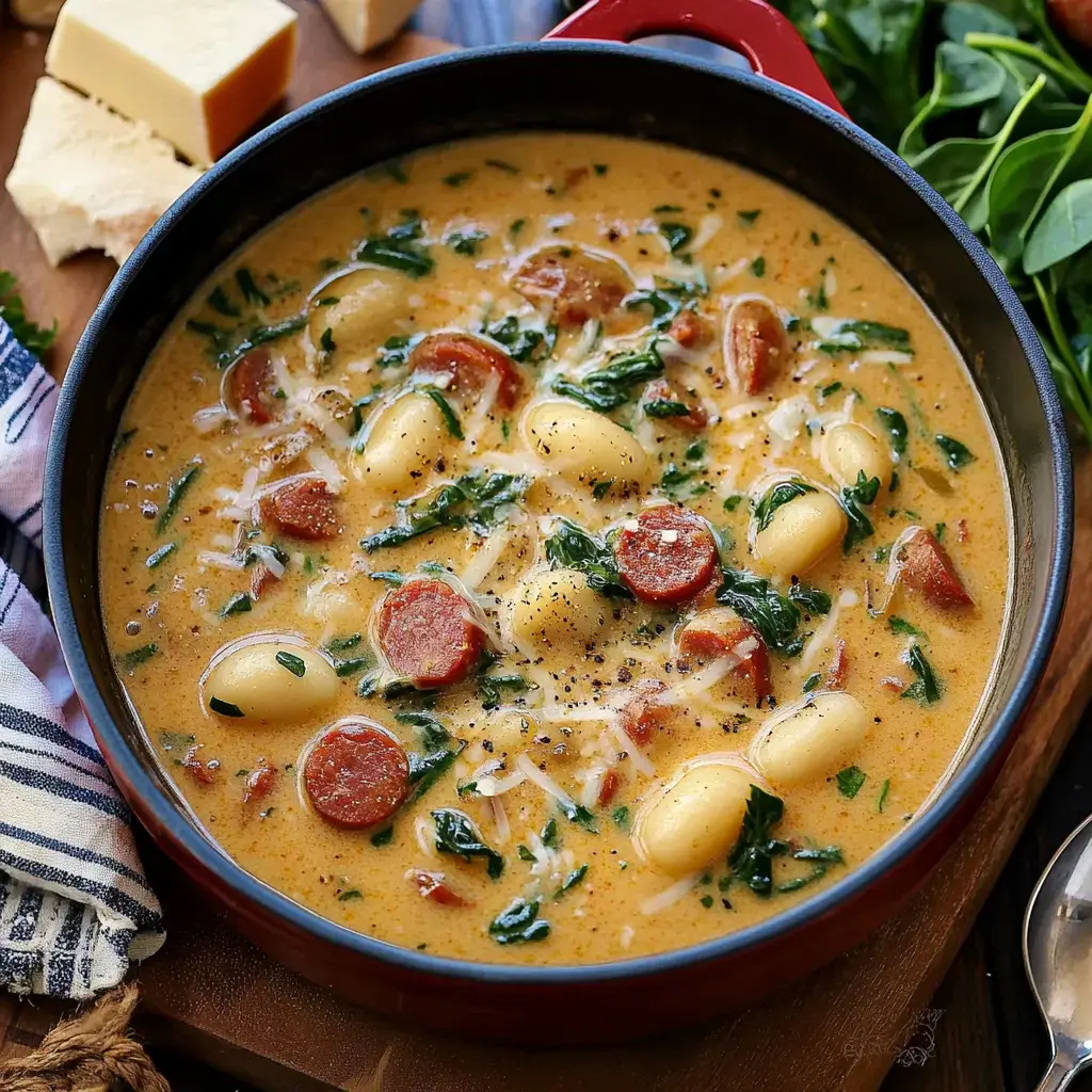 A creamy pasta dish with spinach, sausage slices, and grated cheese in a red pot, surrounded by cheese blocks and a kitchen towel.