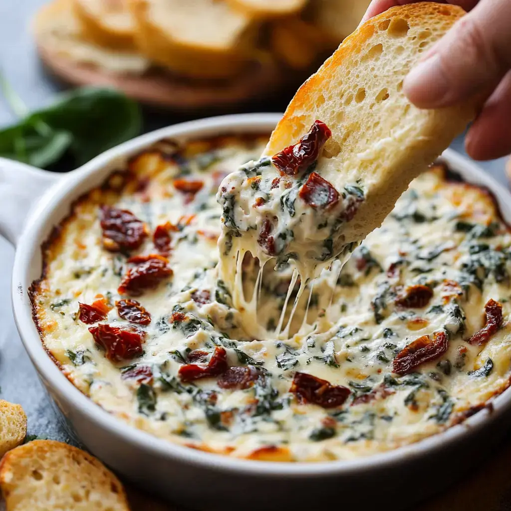 A hand dips a piece of toasted bread into a bowl of creamy spinach and sun-dried tomato dip, with melted cheese stretching between the bread and the dish.