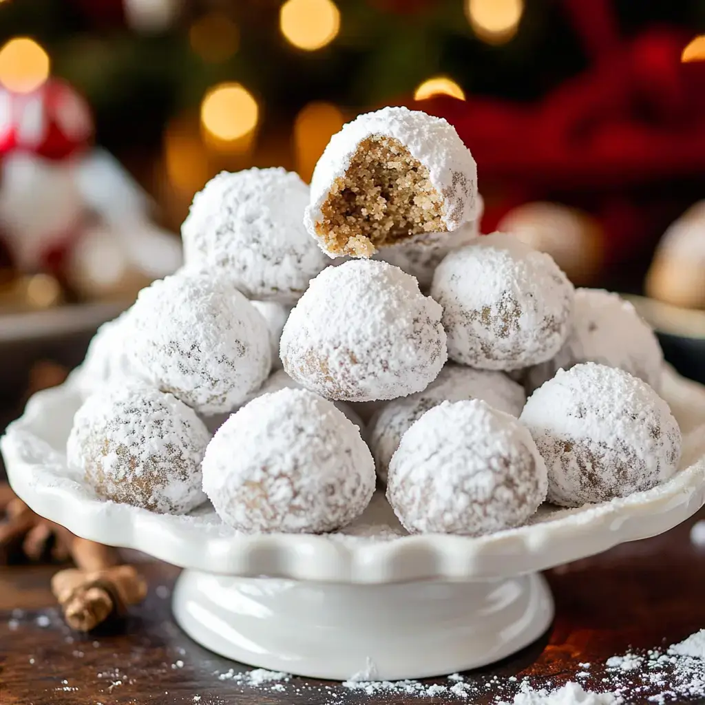 A close-up image of a white ceramic plate piled high with powdered sugar-coated snowball cookies, one cookie partially bitten to reveal its filling.