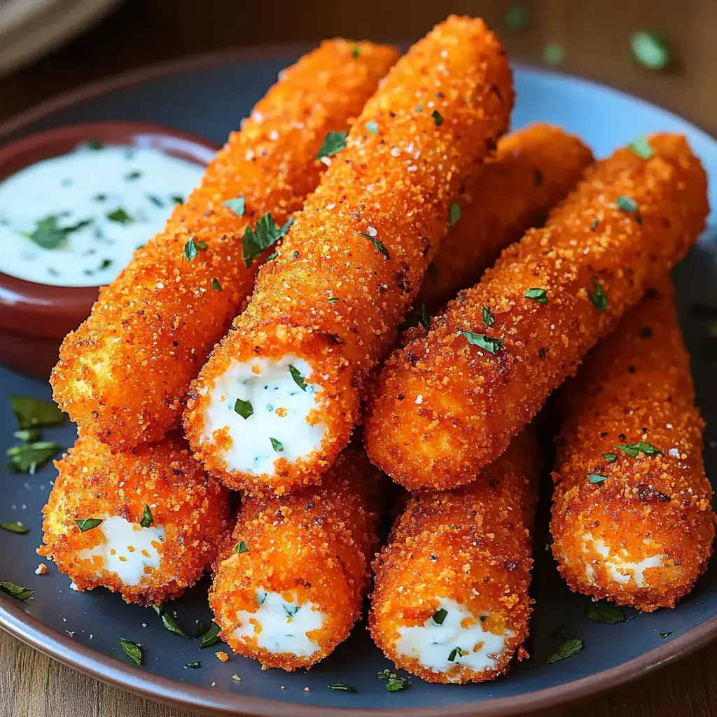 A close-up view of crispy, orange breaded cheese sticks arranged on a plate, accompanied by a small bowl of dipping sauce.