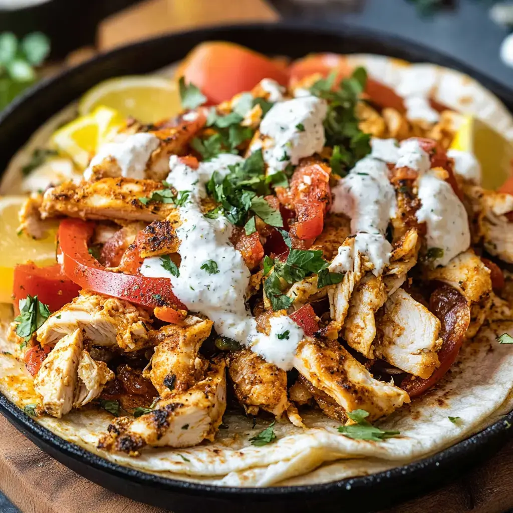 A close-up of a plate featuring spiced grilled chicken slices on a tortilla, topped with red peppers, tomatoes, fresh cilantro, and a creamy sauce.