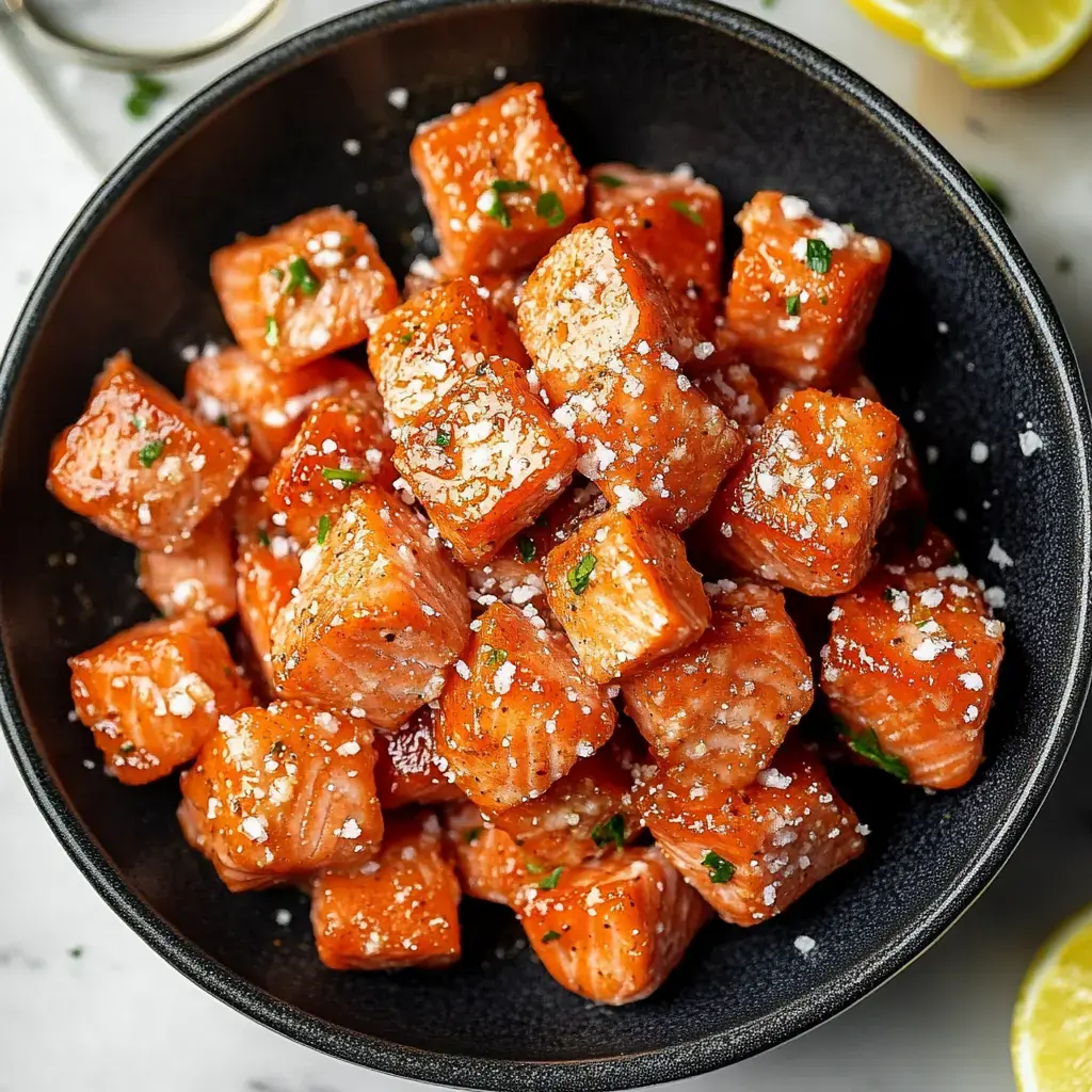 A black bowl filled with diced salmon pieces, garnished with herbs and a sprinkle of salt.