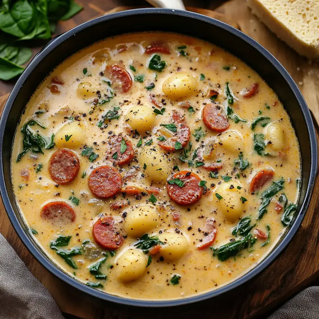 A creamy soup with gnocchi, sliced pepperoni, and spinach, garnished with herbs, served in a black bowl on a wooden surface.