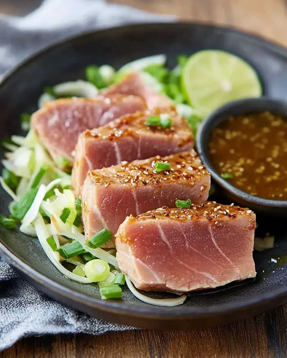 A plate of seared tuna steak slices garnished with green onions, accompanied by a lime wedge and a side of dipping sauce.